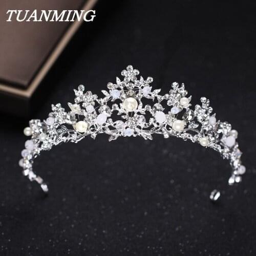 Bride Princess Tiara and Crown Party Prom Wedding Hair Accessories Elegant Silver Color Women Crown Pearl Crystal Hair Jewelry