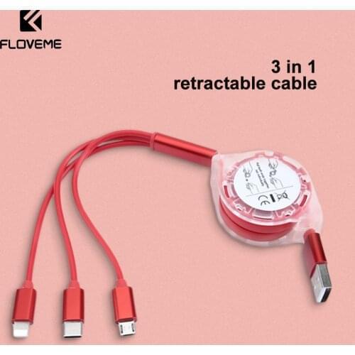 Floveme 3 in 1 Retractable USB Cable For iPhone XS X Charging Charger Micro USB Cable For Android USB Type C Mobile Phone Cables