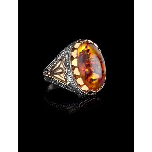 High Quality Amber 925 Sterling Silver Men Vintage Ring Jewelry