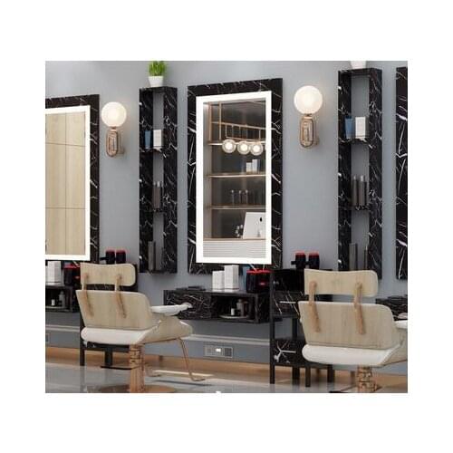 Barbers mirror table hanging wall solid wood cabinet mirror LED lamp marble ironing and dyeing mirror