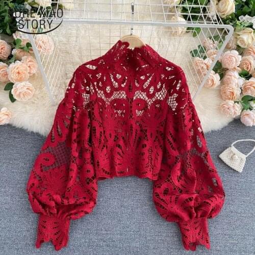 Lantern Long Sleeve Stand Collar Shirts Sexy Lace Hollow Out Short Blouse Female Red/Pink/White Casual Loose Tops Elegant 16231