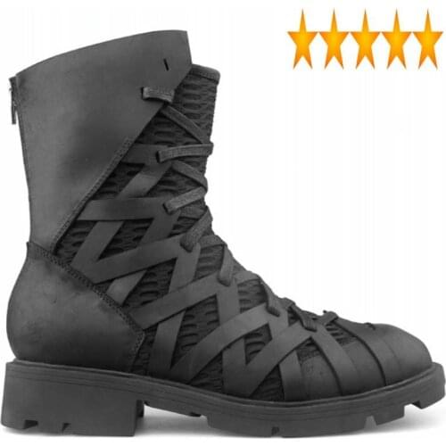 Ankle High-Top Men Punk Shoes Luxury Trainers Genuine Leather Mesh Patchwork Back Zip Motorcycle Boots Casual Hip Hop Sneakers