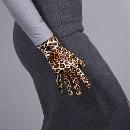 Women Leopard Leather Gloves 21cm Patent Leather Short Simulation Leather PU Bright Leather Golden Brown Animal Pattern TBBW03