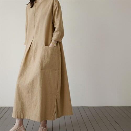 Spring Autumn Women Cotton Linen Maxi Long Dress Shirts Casual Loose Pockets Female Vestido Solid Pleated Dresses Robe Plus Size