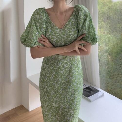 2021 New Women Summer Elegant Long Floral Dress Backless Puff Sleeve V-neck Slim Fit Holiday Maxi Sundress