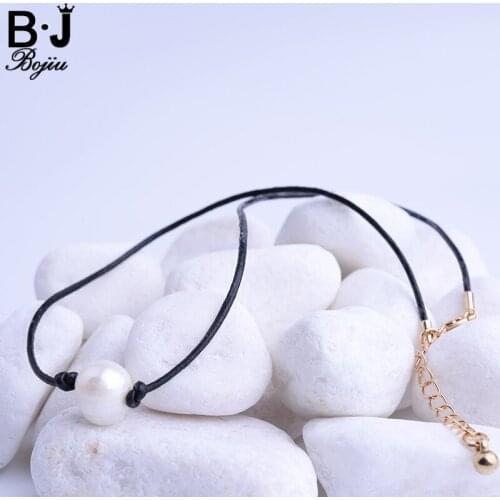 BOJIU Women Leather Necklace Trendy Girl Blue Stone And Pearl Pendant Necklace Leather Rope Choker Necklace For Women NKS024