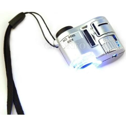 DHL 200PCS Professional Mini Lens 60X Pocket Magnifier Microscope With LED Light Jewelry Jeweler Loupe Currency Dectector
