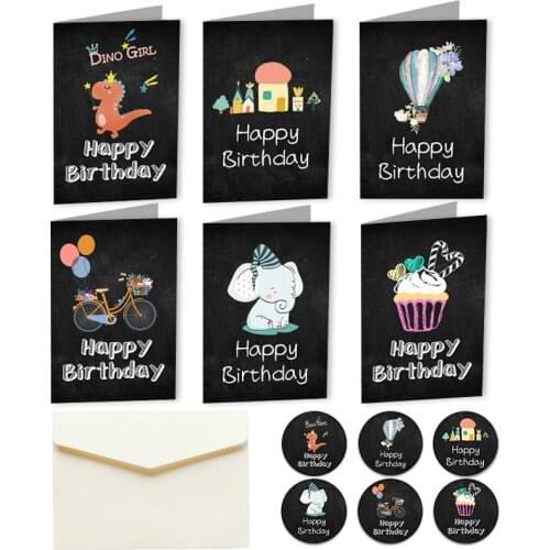 6sets Happy Birthday Card Cute Cartoon Dinosaur Cake Gift Postcard with Envelope Sticker Birthday Party Invitation Greeting Card