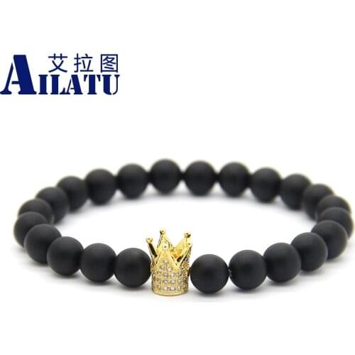 Ailatu New Style High Grade Jewelry 8mm Matte Glass Beads with Micro Inlay Clear Zircon Crown Bracelet Pulseira Hombres