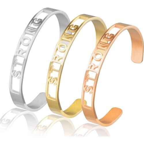 URSJEWELRY 8mm Women Inspirational Engraved Mantra Bracelet STRONG Gold Rose Gold Stainless Steel Bangle for Girls