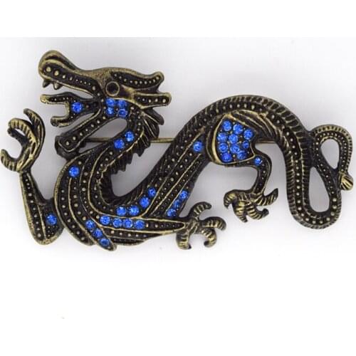 Antique Bronze Blue Rhinestone Dragon Pin brooches C299 B4