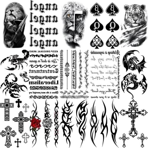 Angel Letters Temporary Tattoos For Women Adult Men Kids Scorpion Dragon Cross Tiger Lion Fake Tattoo Neck Arm Small Tatoo