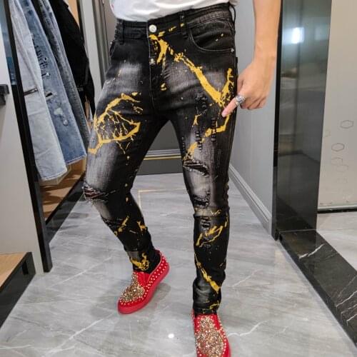 Trendy Jean Homme Black Gold Paint Print Jean Men Four Season Street Jeans Pants Hip Hop Dance Party Denim Fashion Graphic Jeans