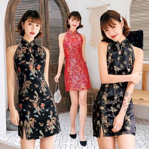 Elegant Slim Mini Qipao Exquisite Embroidery Dragon Phoenix Cheongsam Prom Dress Sexy Sleeveless High Split Cheongsam Vestidos