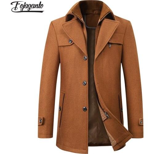FOJAGANTO Fashion Brand Men Solid Wool Blend Coat Men Casual Warm Thick Wool Coats Winter New Business Long Wool Overcoat Male