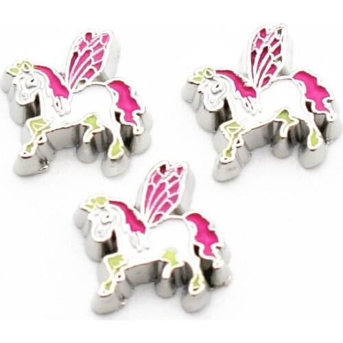 Hot Sale 10pcs Metal Floating Charms Jewelry Enamel Unicorn Silver Charms For DIY Living Glass Memory Lockets Necklace Bracelet