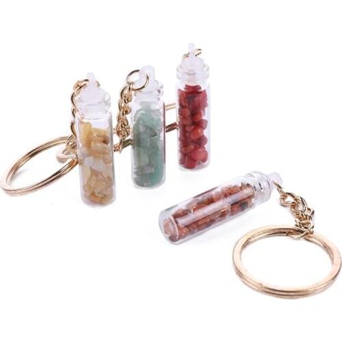 Gravel Stone Drift Bottle Pendant 7 Chakra Healing Crystal Beads Key Rings Craft Bag Keychains Charms Car Key Ring Jewelry