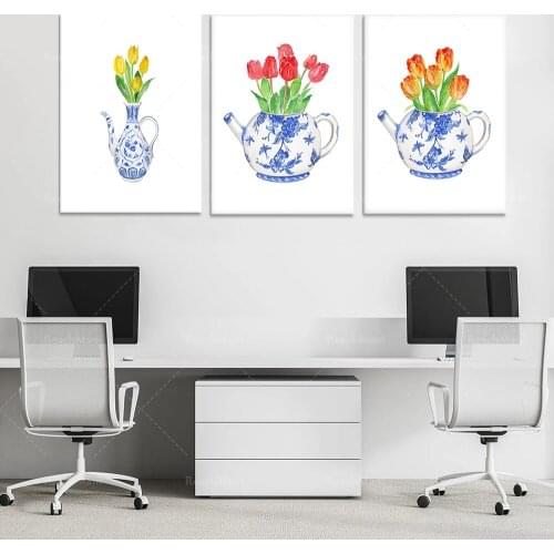 Chinese watercolor tulip teapot printing art printing, Ming porcelain vase blue and white porcelain vase poster