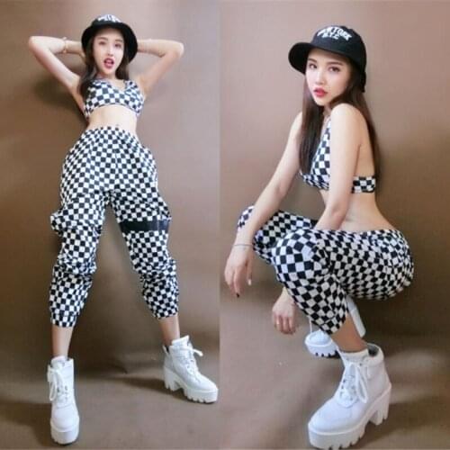 Women Hip Hop Costumes Sexy Plaid Suit Top Pants Adults Jazz Costumes Modern Stage Performance Wear Rave Clothes Outfits XS2393