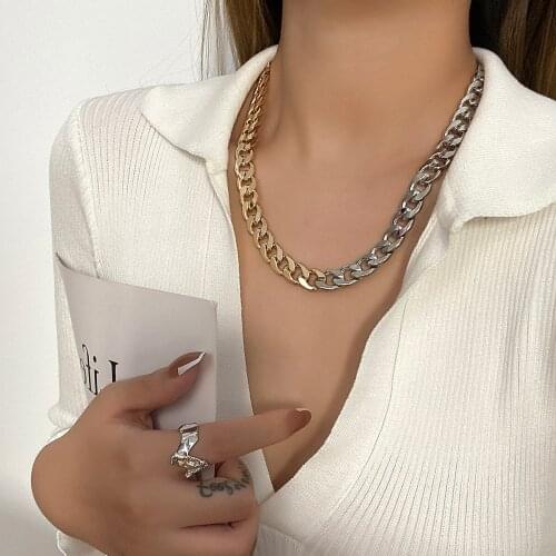 Flashbuy Simple Punk Gold Silver Color Metal Thick Cuban Chain Necklace for Women Men Hip Hop Trend Mixed Color Necklace Jewelry