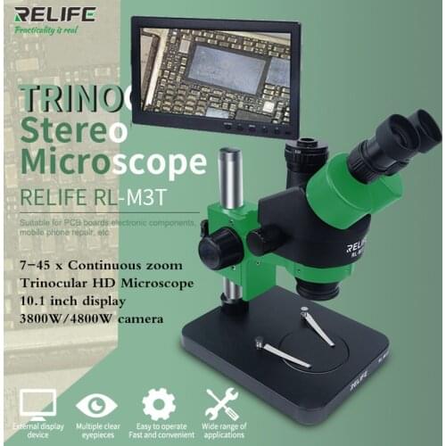 Relife RL M3T professional maintenance microscope, 7-45x continuous zoom, HDMI interface for external monitor, STL2 bracket