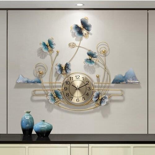 New Chinese Butterfly Wrought Iron Wall Clocks Home Livingroom Wall Mural Decoration Hotel Hall Mute Clock Wall Sticker Crafts