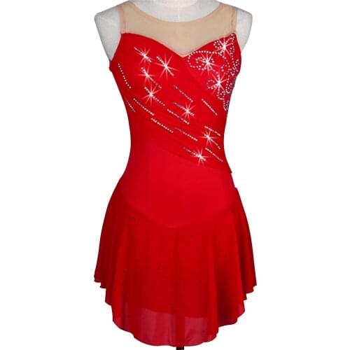 Figure Skating Dress Womens Girls'Ice Skating Dress Red Rhinestone High Elasticity Performance Skating Wear Handmade Classic
