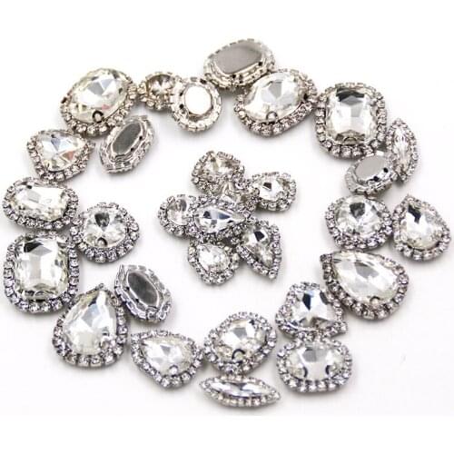 Deccoration clear white crystal buttons sew on glass rhinestones with cup chain rim diy clothing/wedding dress