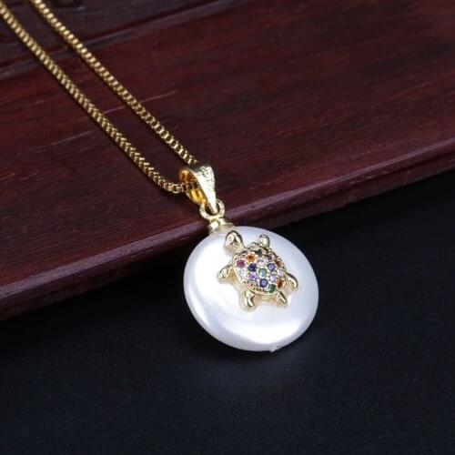 Rainbow cz cubic zirconia paved tiny gold turtle animal charm pearl bead pendant charms dainty link choker necklace for women