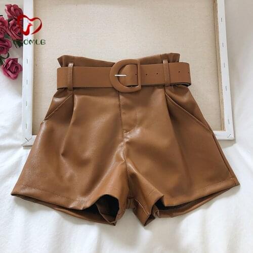 2021 New PU Leather Shorts Women Shorts All-match Sashes Wide Leg Short Ladies Sexy Leather Shorts Autumn Winter