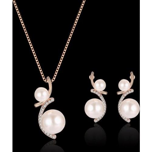 Cute Pearl Rhinestone Inlaid Irregular Geometric Pendent Earrings Necklace Set Korean Neck Ear Jewelry Sets for Women Girls Gift