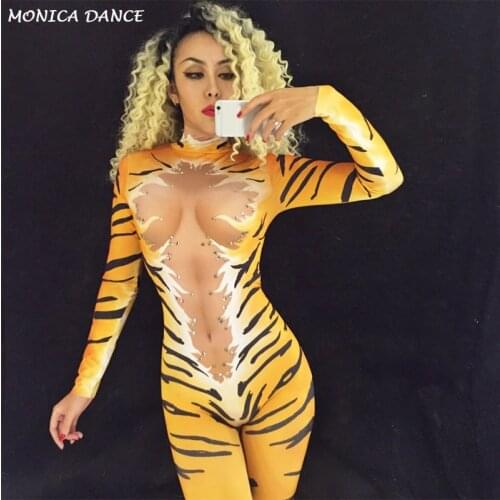 Tiger Queen Nightclub Party Stage Wear Costume for DJ DS Singers Performance Jumpsuit Sparkling Crystals Bodysuit Bling Outfit