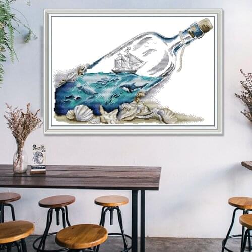 Sea bottle Cross Stitch Counted Printed On Canvas Handwork Embroidery 14CT 11CT Home Decoration DIY DMC Handmade Crafts gift