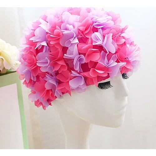 Womens Flower Swimming Cap Comfortable Breathable Swim Pool Hat Three-dimensional Petals Elastic Plus Lining Long Hair Headband
