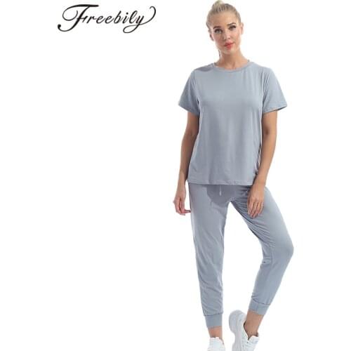 2Pcs Running Suits Women Summer Tracksuits Sport Yoga Fitness Outfit Solid Short Sleeve T-shirt+Harem Pants Set casual home wear