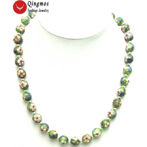 Qingmos Green Cloisonne Choker Necklace for Women with 12mm Green Round Cloisonne White Flower 20" Necklace Fine Newelry-5382