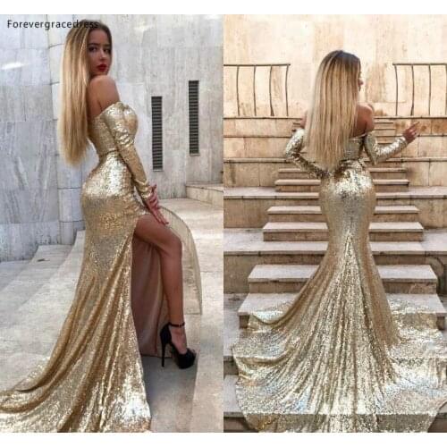 Mermaid Gold Sequins Evening Dress Cheap Off Shoulder Red Carpet Holiday Women Wear Formal Party Prom Gown Custom Made Plus Size