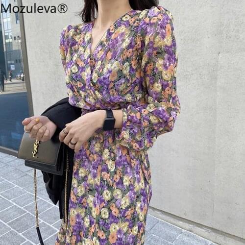 Mozuleva 2020 Flower Print Party Dress Women Elegant V Neck Long Sleeve Long Chiffon Dress Summer Purple Bohemia Sundress femme