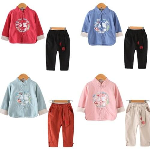 10Color New Kids Chinese Tang Suit Traditional Chinese Shirt Clothing for Baby Boys Flax Coat Kung Fu Outfit Top Pant Set
