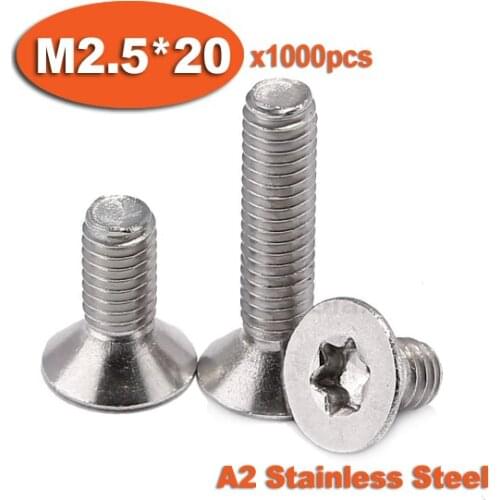 1000pcs DIN965 M2.5 x 20 A2 Stainless Steel Torx Countersunk Flat Head Screw Screws
