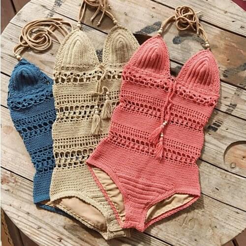 2018 Vintage Sexy One Piece Swimsuit Swimwear Crochet Women Bodysuits High Waisted Bathing Suit Hollow Knitting Beach Wear