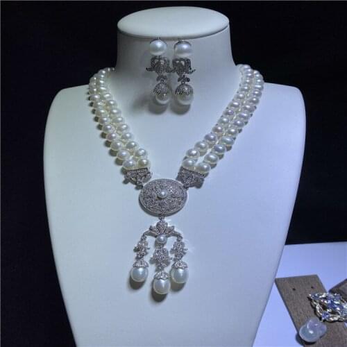 23" 2 Strands Natural White Pearl Necklace and Earring CZ Pendant set