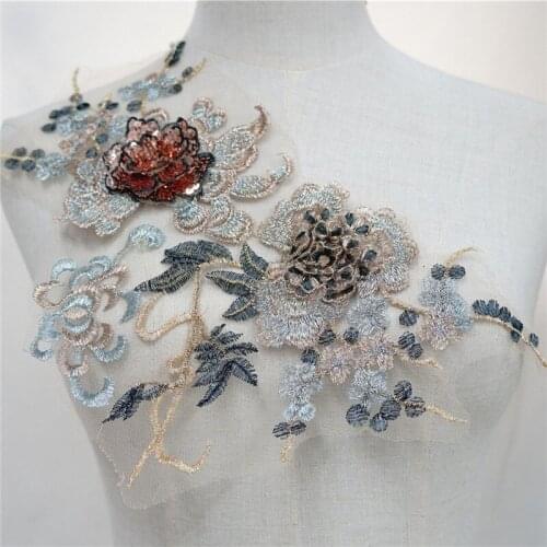 3 Pcs 3D Lace Flower Embroidery Patch Gold Blue Sequined Applique For Bridal Sewing Fabric DIY Craft Clothes Accessory