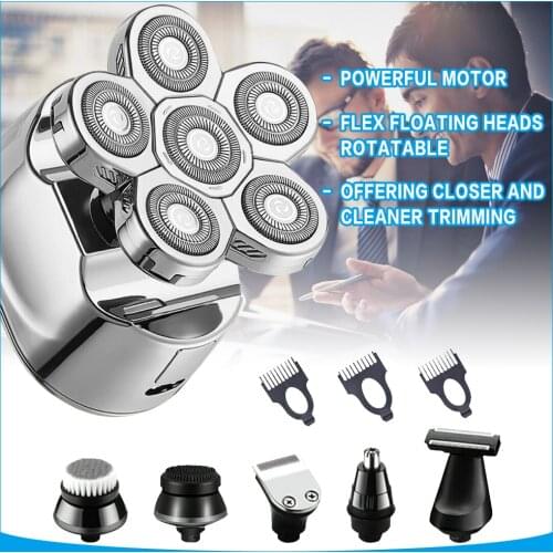 6-in-1 Professional Smooth Skull Hair Trimmer Electric Beard Shaver LCD Kits Men Facial Cleaning Brush Rechargeable