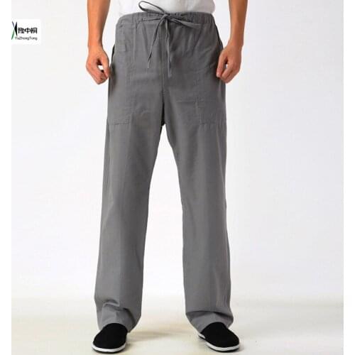 100% Cotton Chinese Traditional Kung Fu Pants Wu Shu Tai Chi Elastic Waist Loose Long Trousers Gray Mens Long Pants брюки