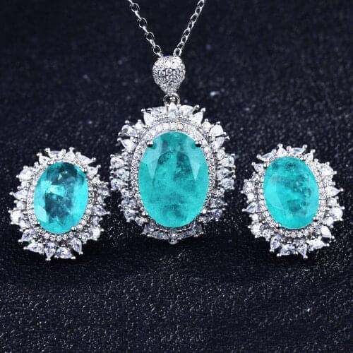Luxury Paraiba Tourmaline Gemstone Jewelry Set for Women Solid 925 Sterling Silver Pendants Necklaces Earrings for Wedding Gifts