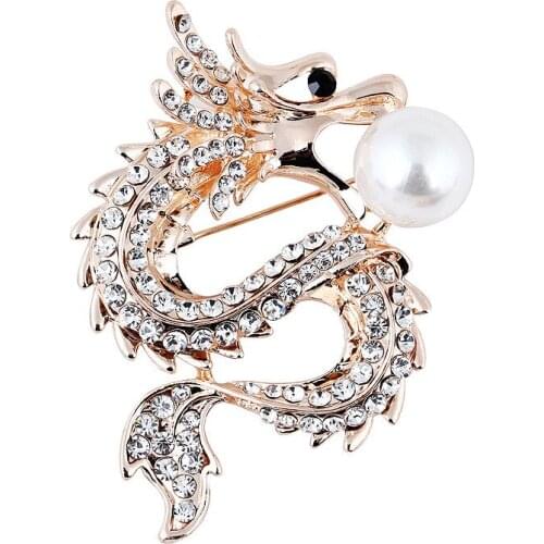 HOSENG Chinese Zodiac Dragon Crystal Rhinestone Alloy Pearl Brooch Man Fashion Suit Decorative Jewelry Pin HS_502