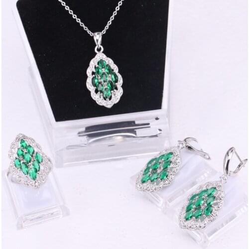 925 Silver Necklace Earring Set Green Jewelry Sets For Women Fashion Earrings Ring Pendant Necklace Set Wedding Jewelry