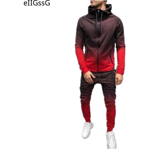New mens sports suit zipper hoodie + pants sportswear gradient color outdoor jogging solid color casual mens 2-piece set