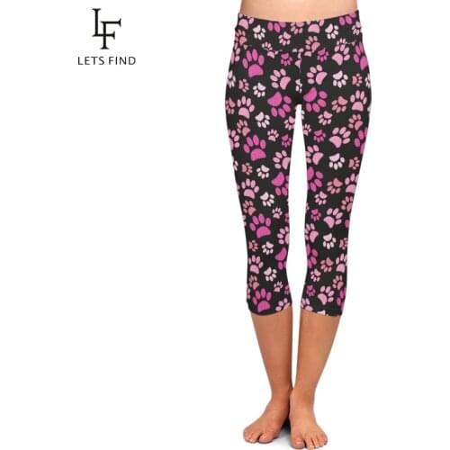 LETSFIND Summer Cute Pink Dog PAWS Printed Capri Leggings Super Soft High Waist Plus Size Slim Mid-Calf Leggings